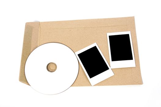 Brown Envelope document with cd-rom and Frame on white background