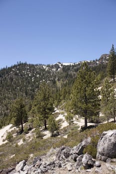 High angle of the Sierra Nevadas with blue sky and granite