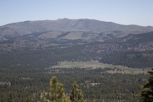 High angle of the Sierra Nevadas with blue sky and granite