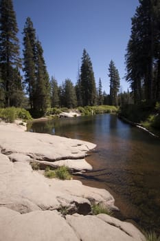 Flowing river in the spring with a blue sky anclear water