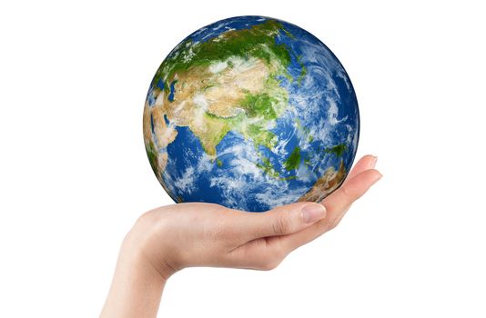 A hand holding the earth showing asia, isolated on white. Earth image create in photoshop and Earth globe image provided by NASA
http://www.earthobservatory.nasa.gov