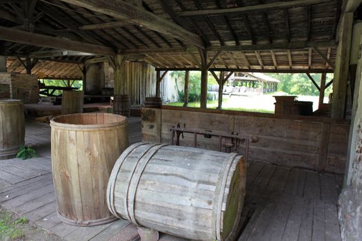 Wooden barrels in a shed