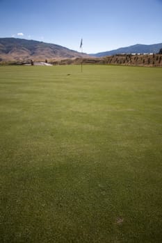 Golf course with green grass and clear blue skies.