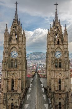 Twin spires of the basilica in Quito, Ecuador