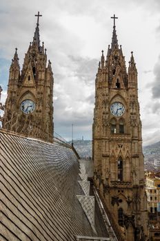 View of the roof and spires of the basilica in Quito, Ecuador