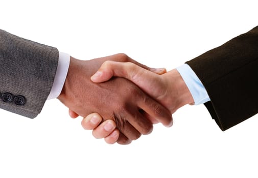 Hand shake between a businessman and a businesswoman isolated