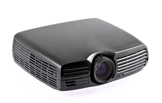 Multimedia black projector isolated on white background