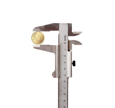 Vernier calipers with coin isolated over white background