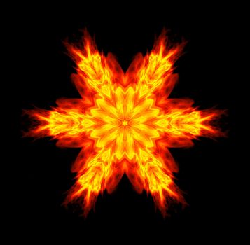 An abstract illustration of a flaming star done in shades of yellow and orange on a black background.