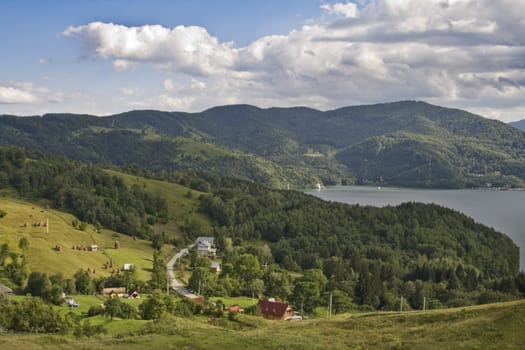 Mountain village near the lake.Location-Bicaz lake,Romania.