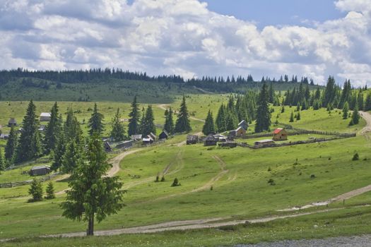 Landscape with sheepfolds and houses somewhere in Apuseni Mountains,Romania.
