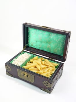 wood chest with pasta and rice