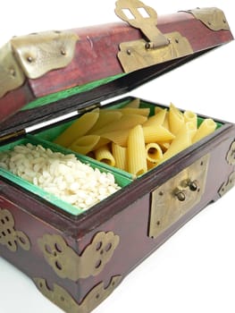 wood chest with pasta and rice