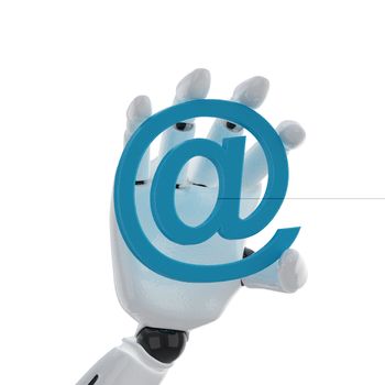 robotic hand hold a email "at" symbol