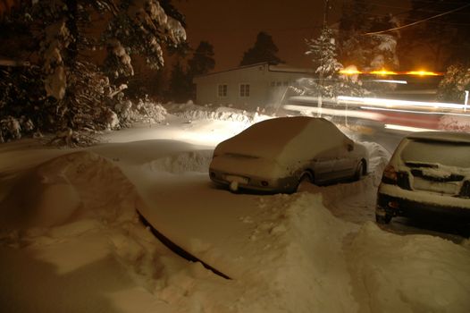 Nightwork in heavy weather. Winter in Larvik, Vestfold. Norway jan. 2005.