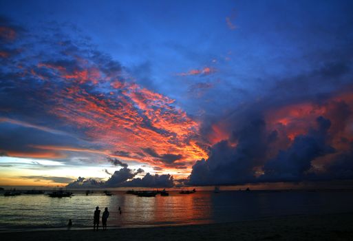 Drifting boat on a sunset on the tropical island. Philippines