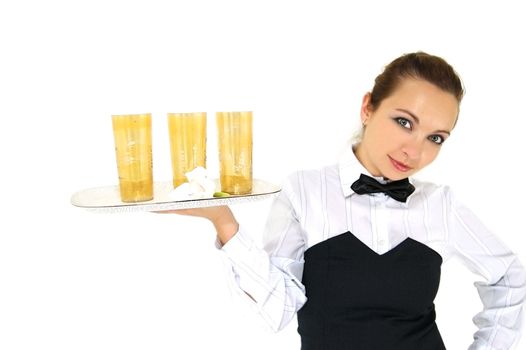 Waitress in uniform and necktie holding tray whith glasses