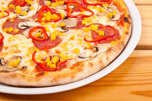 A Pepperoni pizza with corn