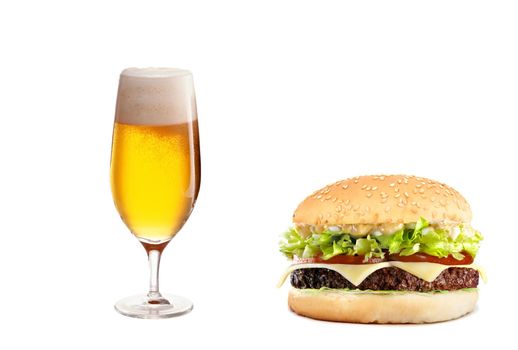 cheeseburger and golden beer