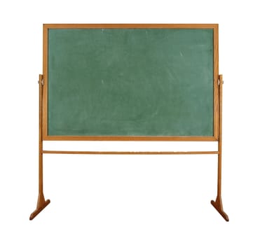 close up of an empty school chalkboard on white