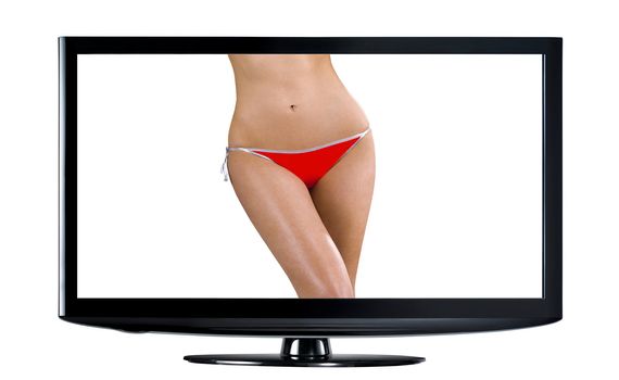 Half body shot of sexy womans buttocks in red underwear in TV