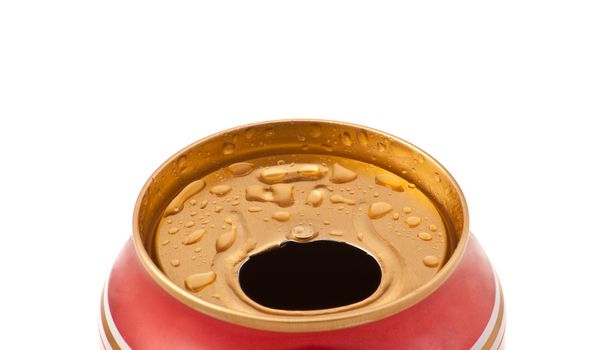 Red aluminum can closeup with water drops