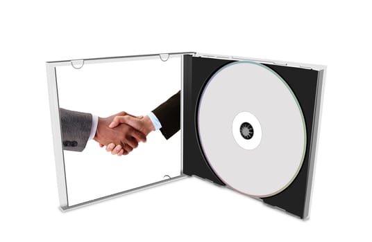 CD with business hands isolated on white background