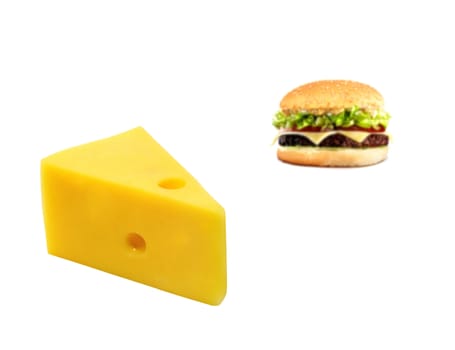 tasty cheeseburger and slice cheese isolated