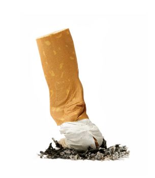 Single cigarette butt with ash isolated on