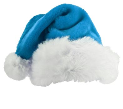 Blue and white santa hat shot on a white background