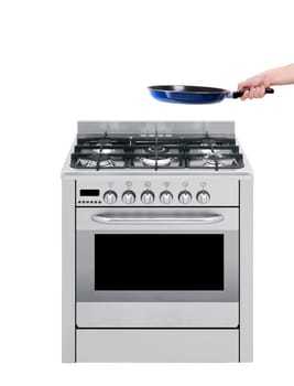 Hand and frying pan with gas-stove