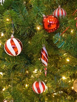 Red and White Christmas Ornaments on a Green Tree with White Lights