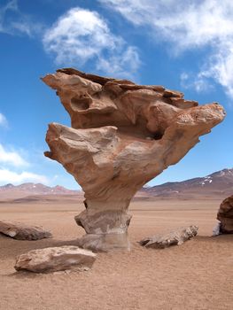 The famous rock formation stone tree or arbol de piedra in the desert in the south-west of Bolivia near Uyuni.