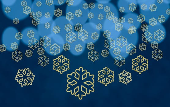 Yellow snowflake shapes dropping in front of blue out of focus christmas tree lights