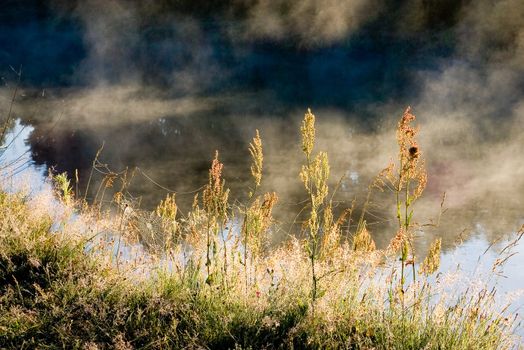 Foggy morning on the river. A beautiful flying weather