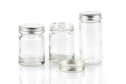 Group of empty pills bottle on white background