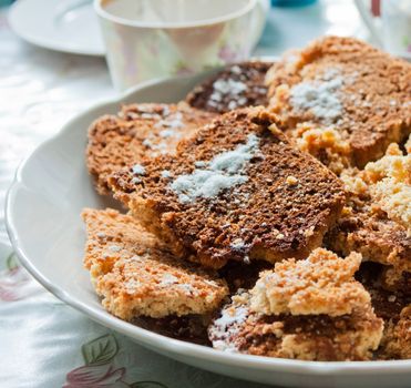 Group of homemade oats cookies closeup on a dish