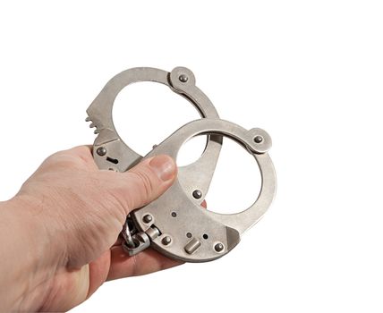 Man hand with handcuffs isolated on white background