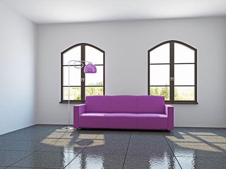 Livingroom with pink sofa  near the windows