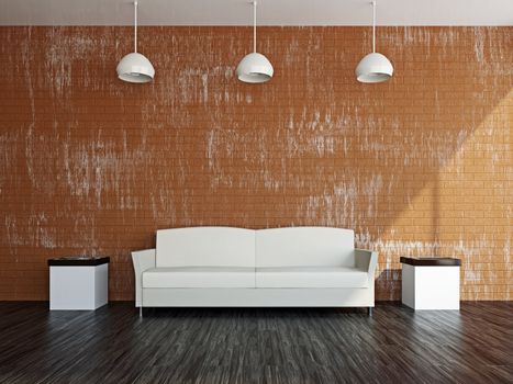 Livingroom with white sofa  near the wall