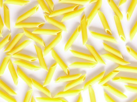 close up of penne pasta on white