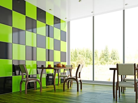 Cafe with wooden furniture and large windows