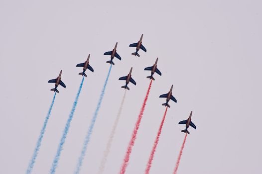 CERNY LA FERTÉ ALAIS, FRANCE - JUNE 12: Patrouille de France performing at Aerial Meeting "The propeller era" in Cerny La Ferté Alais, France on June 12, 2011