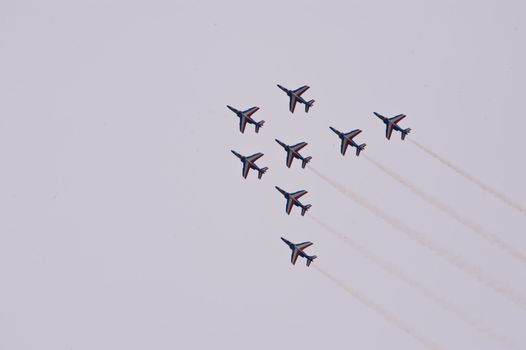 CERNY LA FERTÉ ALAIS, FRANCE - JUNE 12: Patrouille de France performing at Aerial Meeting "The propeller era" in Cerny La Ferté Alais, France on June 12, 2011