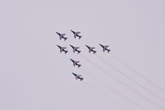 CERNY LA FERTÉ ALAIS, FRANCE - JUNE 12: Patrouille de France performing at Aerial Meeting "The propeller era" in Cerny La Ferté Alais, France on June 12, 2011