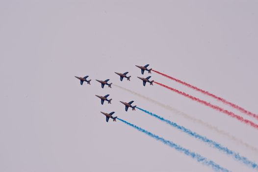 CERNY LA FERTÉ ALAIS, FRANCE - JUNE 12: Patrouille de France performing at Aerial Meeting "The propeller era" in Cerny La Ferté Alais, France on June 12, 2011