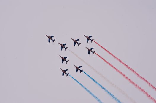 CERNY LA FERTÉ ALAIS, FRANCE - JUNE 12: Patrouille de France performing at Aerial Meeting "The propeller era" in Cerny La Ferté Alais, France on June 12, 2011