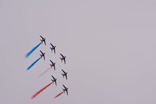 CERNY LA FERTÉ ALAIS, FRANCE - JUNE 12: Patrouille de France performing at Aerial Meeting "The propeller era" in Cerny La Ferté Alais, France on June 12, 2011