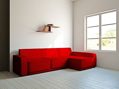 Red sofa in the livingroom near the wall