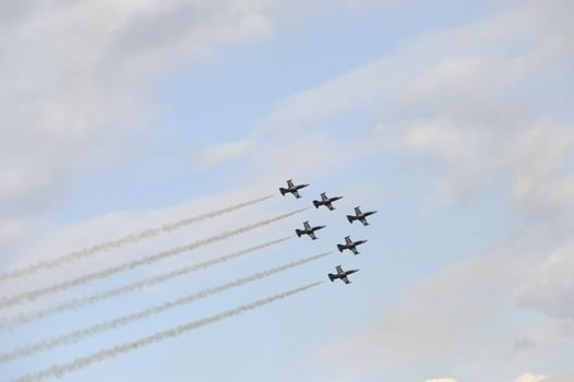 EDE, THE NETHERLANDS - SEPTEMBER 18: Breitling Jet Team at Jan Hilgers Memorial / Airborne drop Arnhem 1944 Memorial in Ede, The Netherlands on September 18, 2010